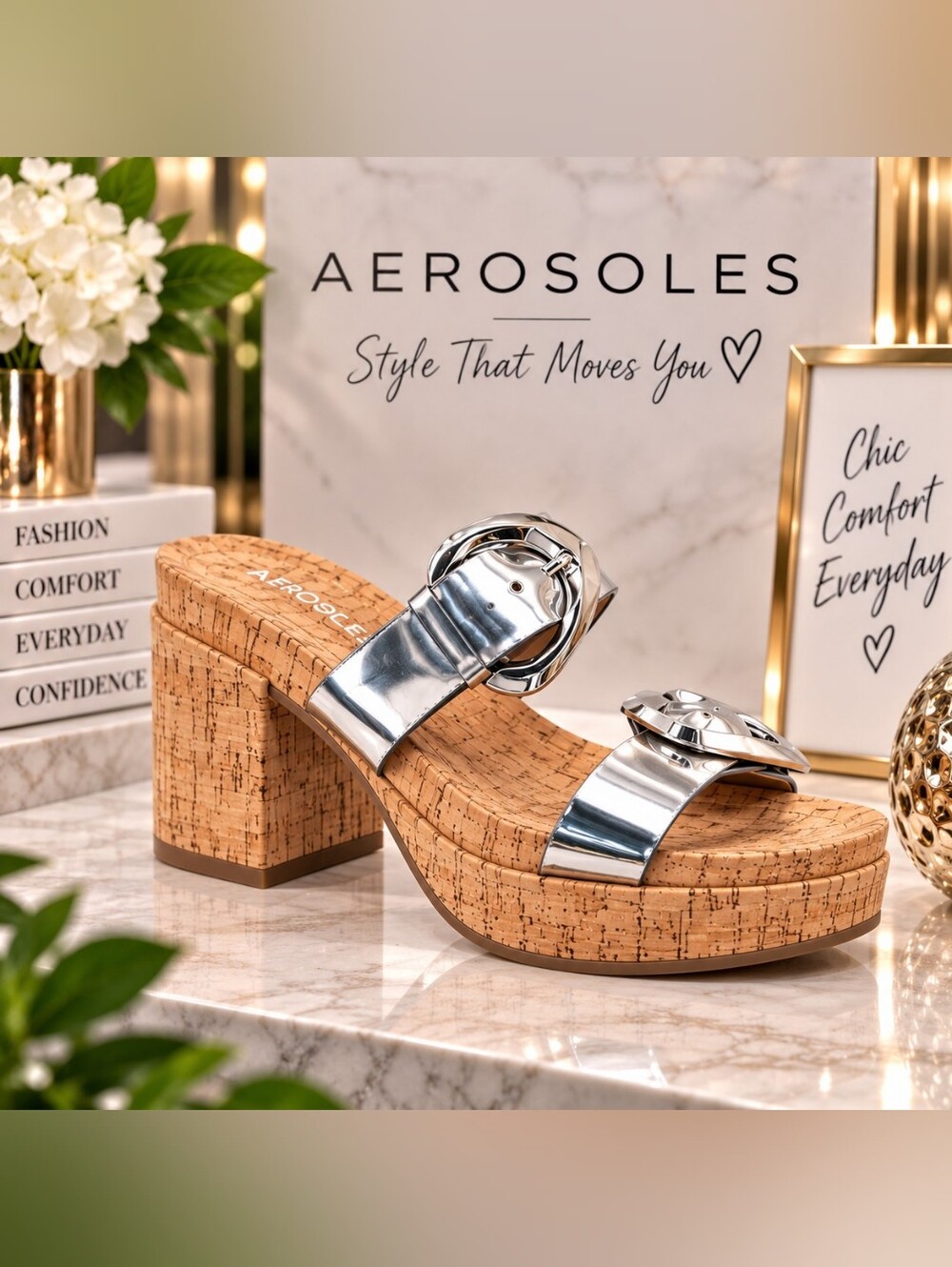 Aerosoles “Chance” Silver Mirror Metallic Platform Sandals – Women’s 9M – NIB